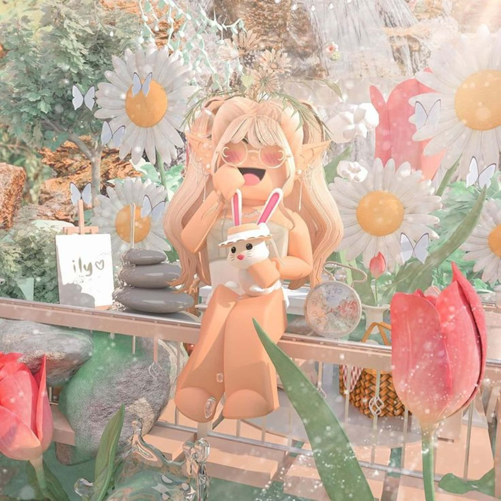 A Girl Sitting On A Bench With Flowers Background