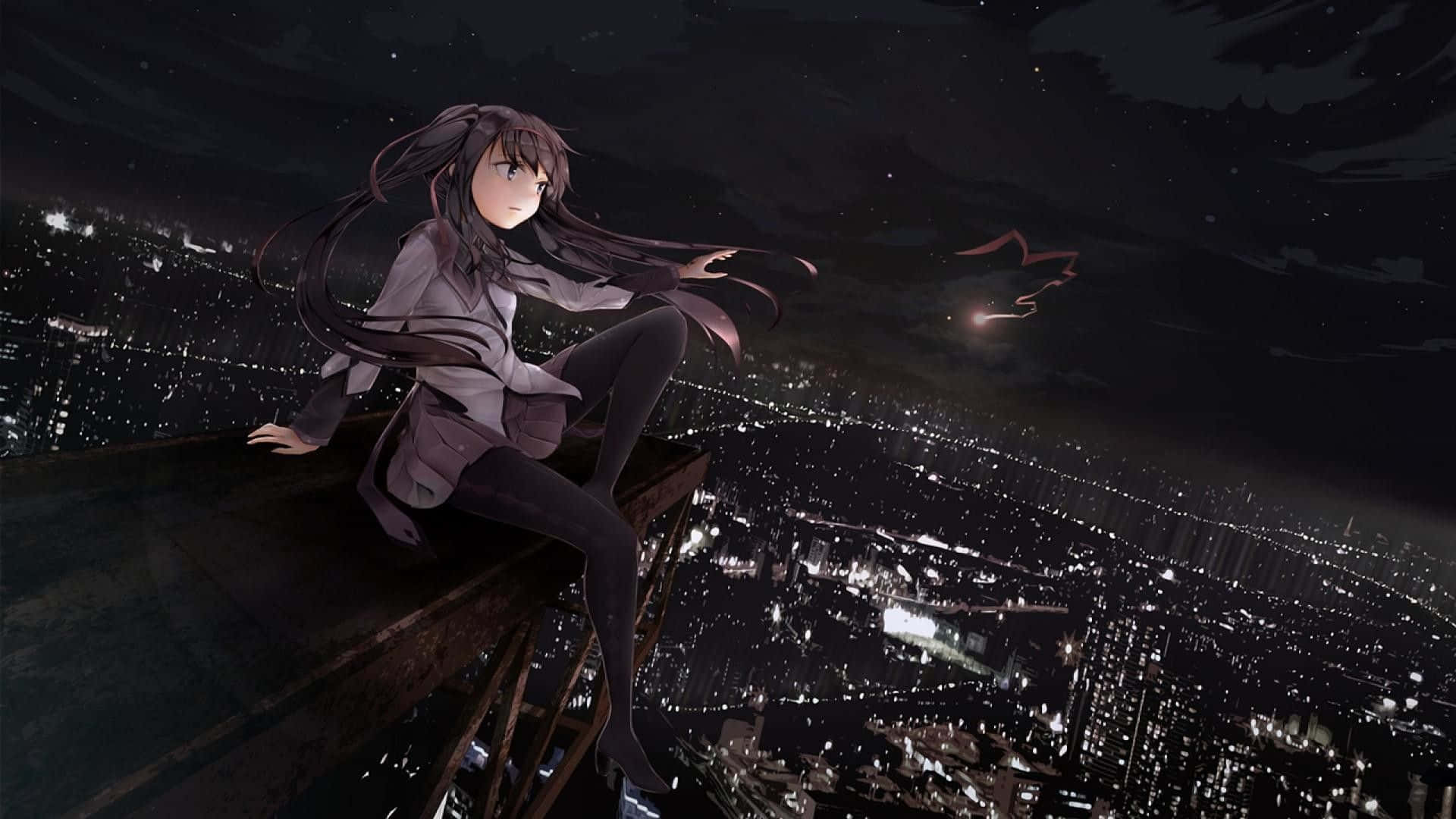 A Girl Sitting On A Ledge At Night Background
