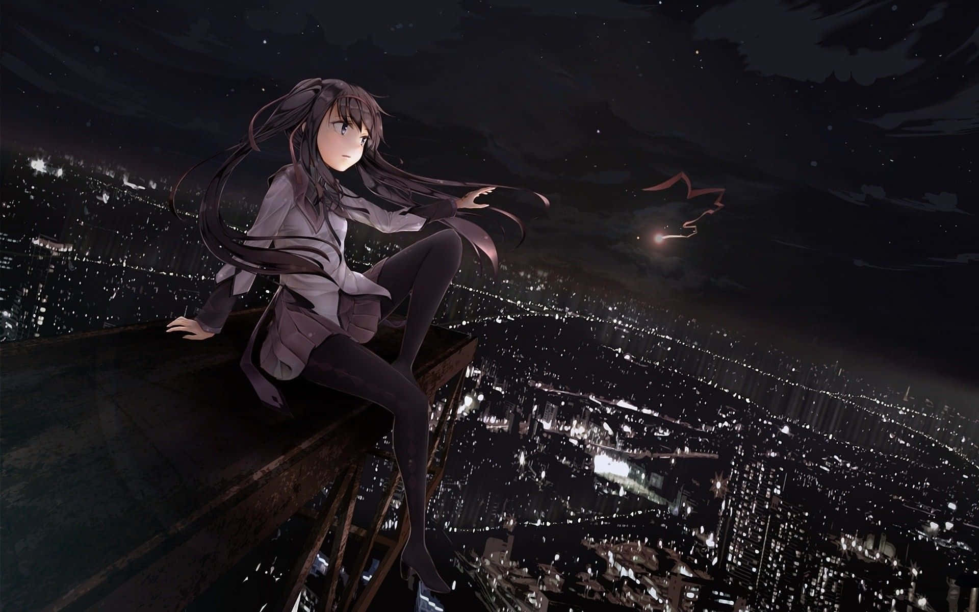 A Girl Sitting On A Ledge In A City At Night Background