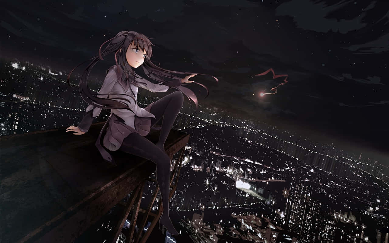 A Girl Sitting On A Ledge Overlooking A City At Night Background