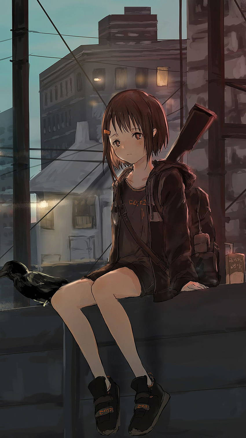 A Girl Sitting On A Ledge With A Gun Background