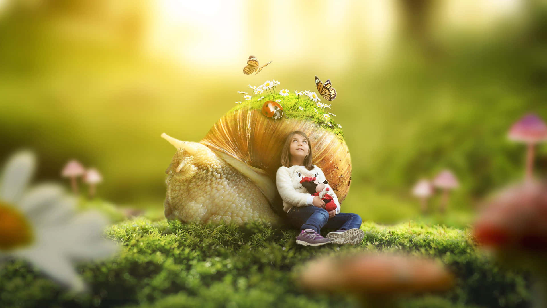 A Girl Sitting On A Snail In The Grass Background