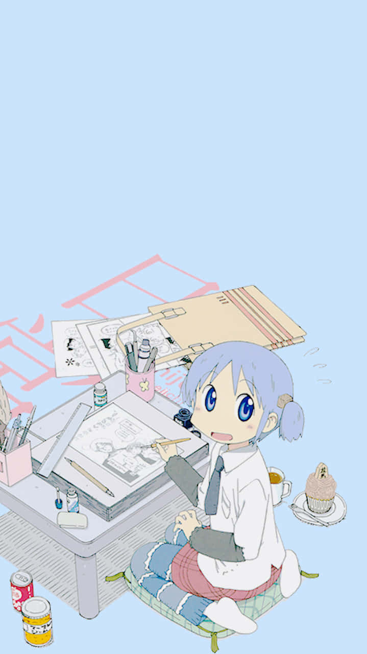 A Girl Sitting On A Table With A Laptop Background