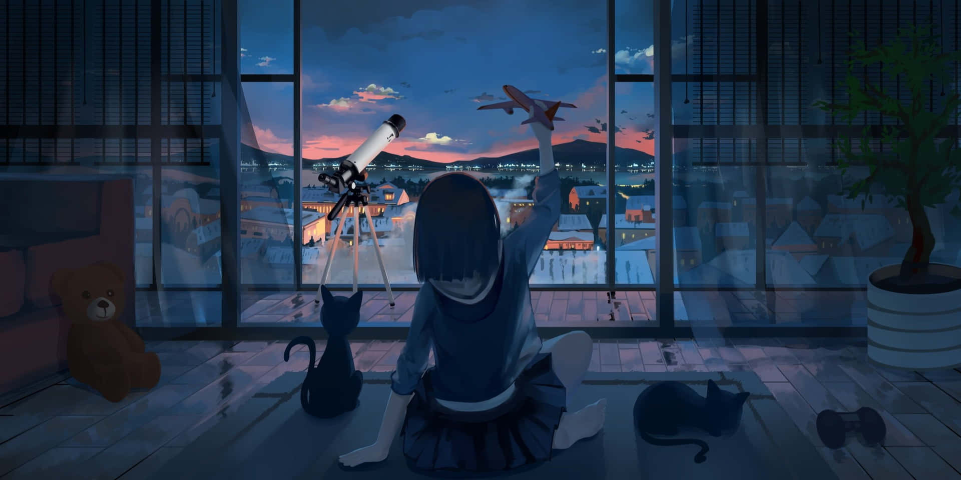 A Girl Sitting On The Floor Watching A Plane Fly Over The City Background