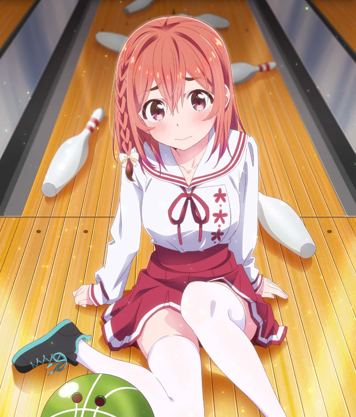 A Girl Sitting On The Floor With Bowling Pins Background