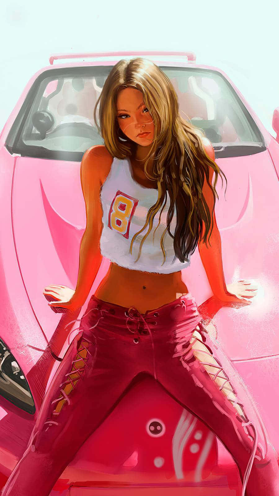 A Girl Sitting On Top Of A Pink Sports Car Background