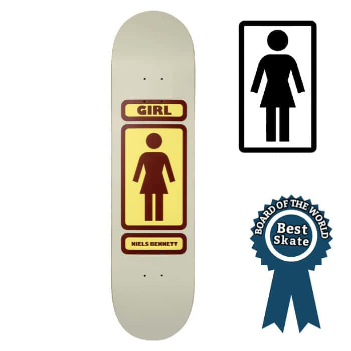 A Girl Skateboard With A Sticker And A Award Background