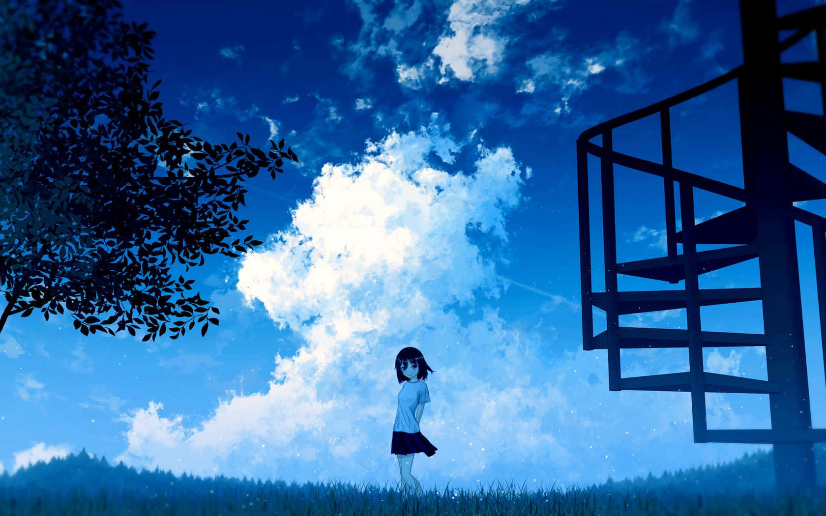 A Girl Standing In A Field With A Tree And A Ladder Background