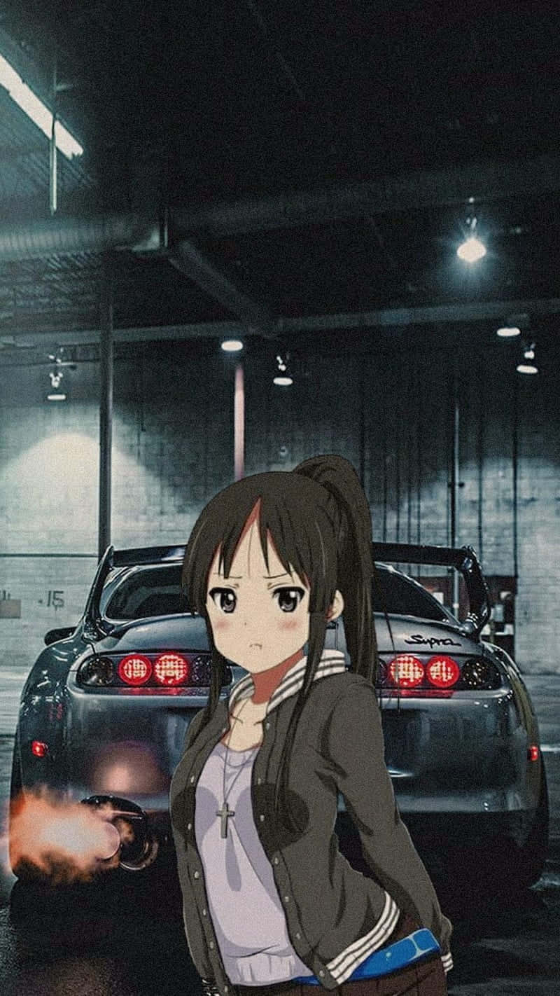 A Girl Standing In Front Of A Car With A Flame