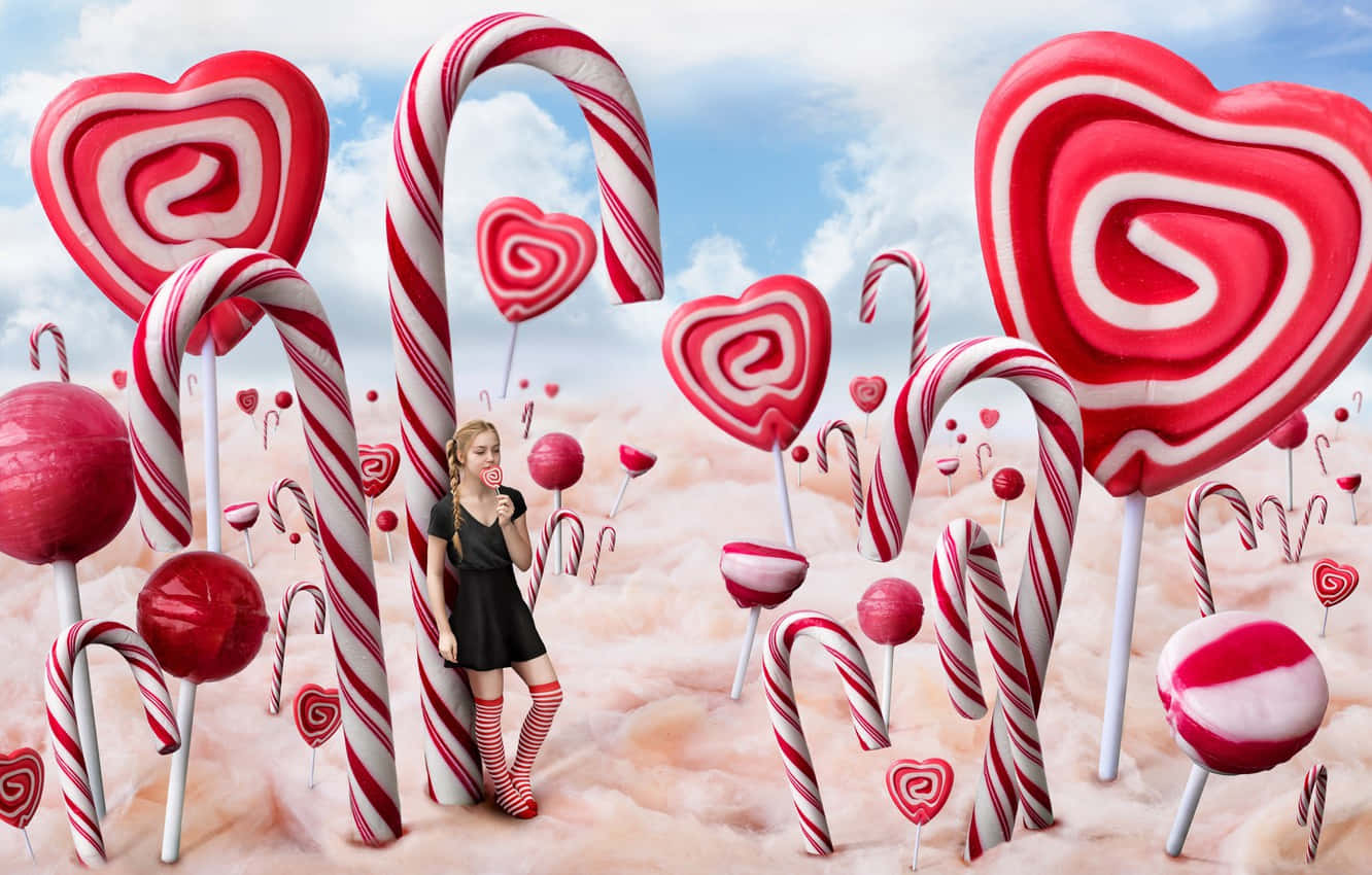 A Girl Standing In Front Of A Field Of Candy Canes Background