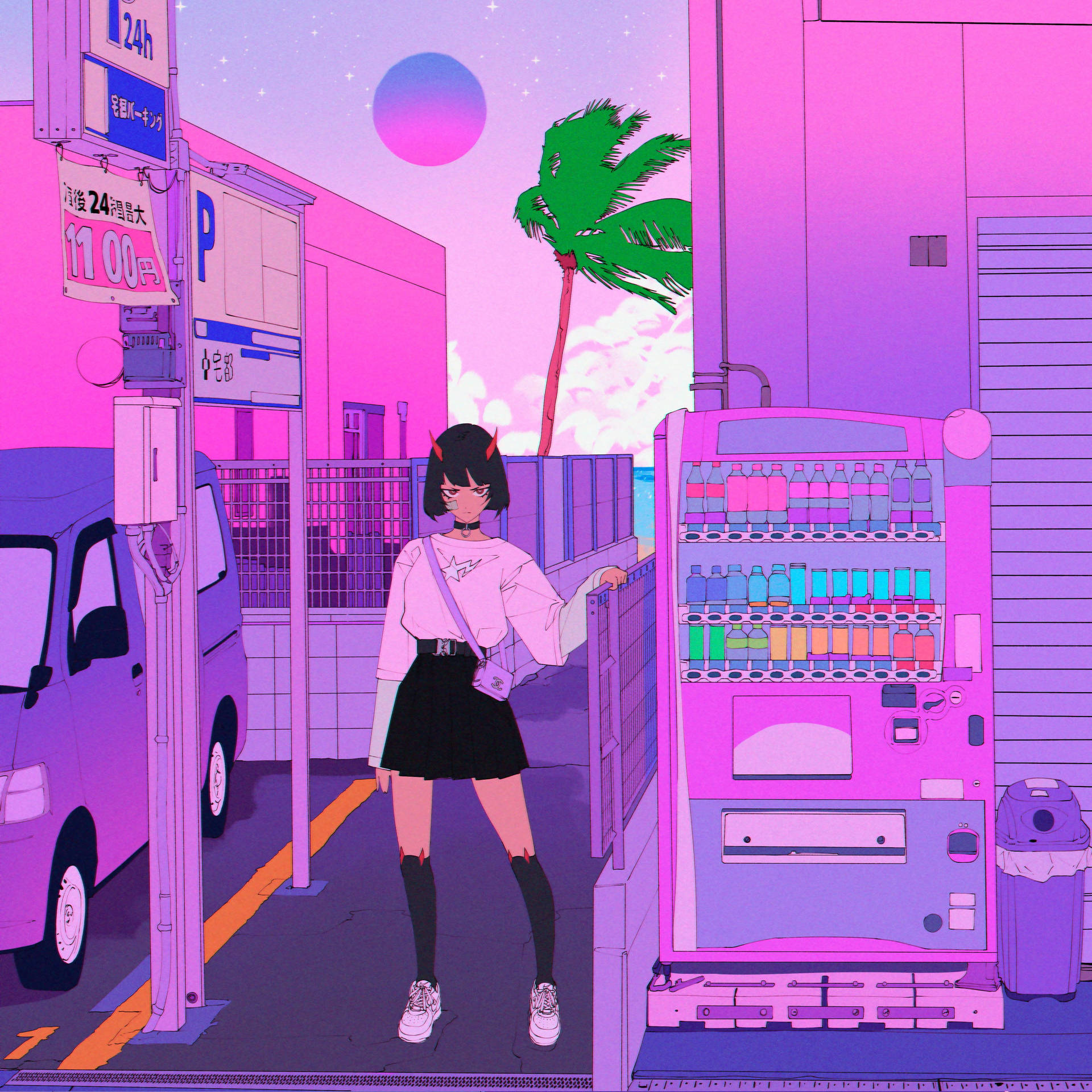 A Girl Standing In Front Of A Vending Machine Background