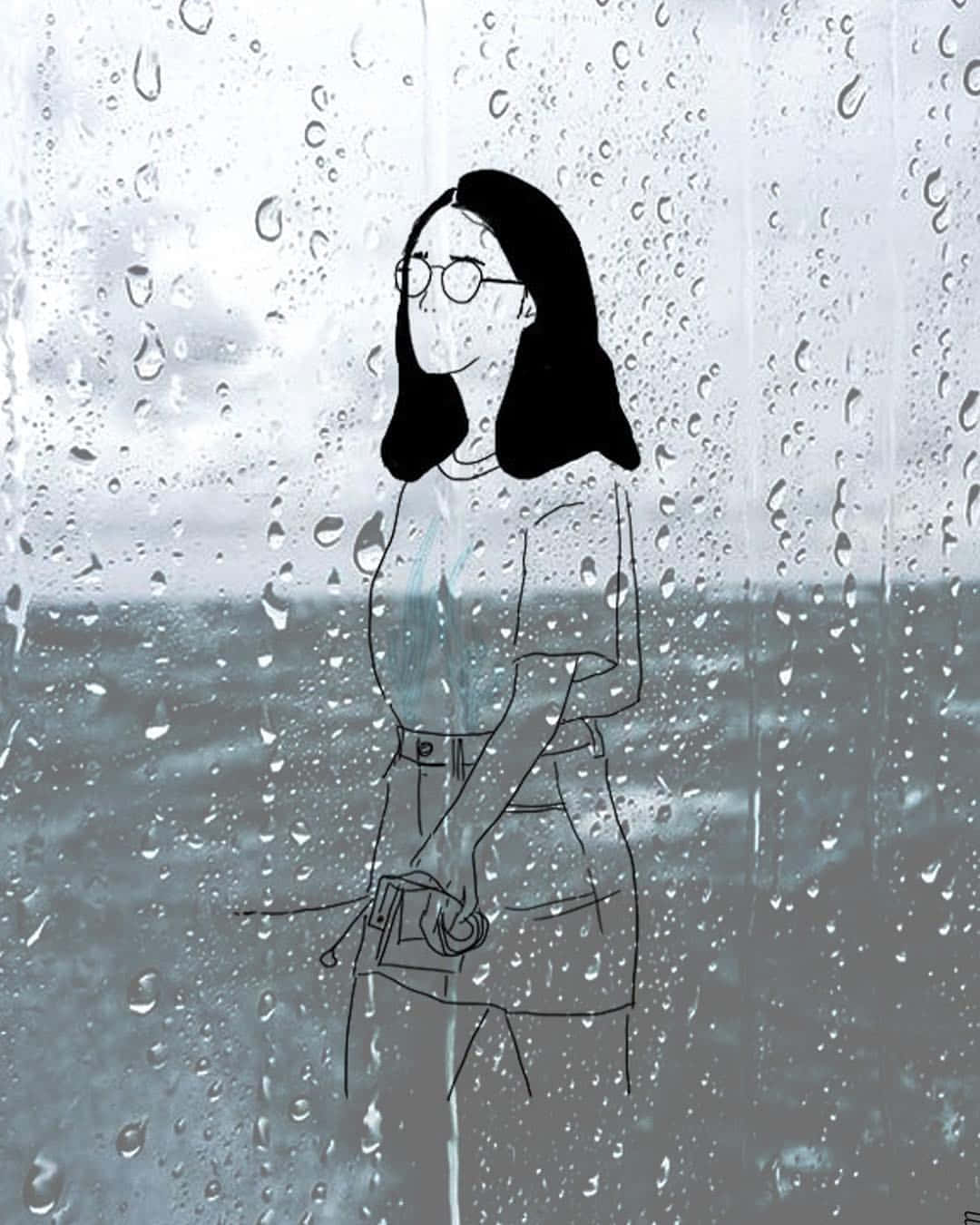 A Girl Standing In Front Of A Window With Rain Drops