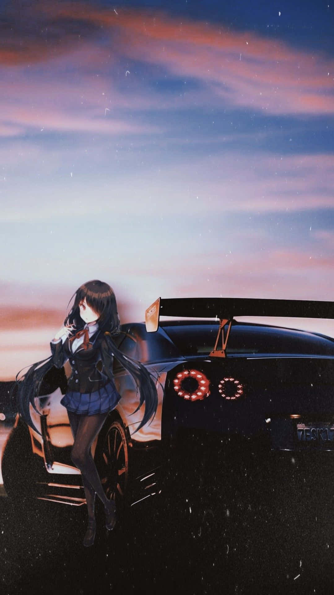 A Girl Standing Next To A Car At Sunset Background