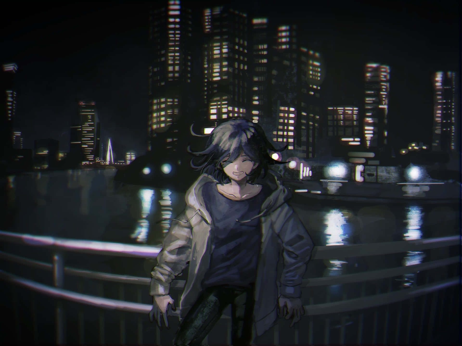A Girl Standing On A Bridge At Night Background