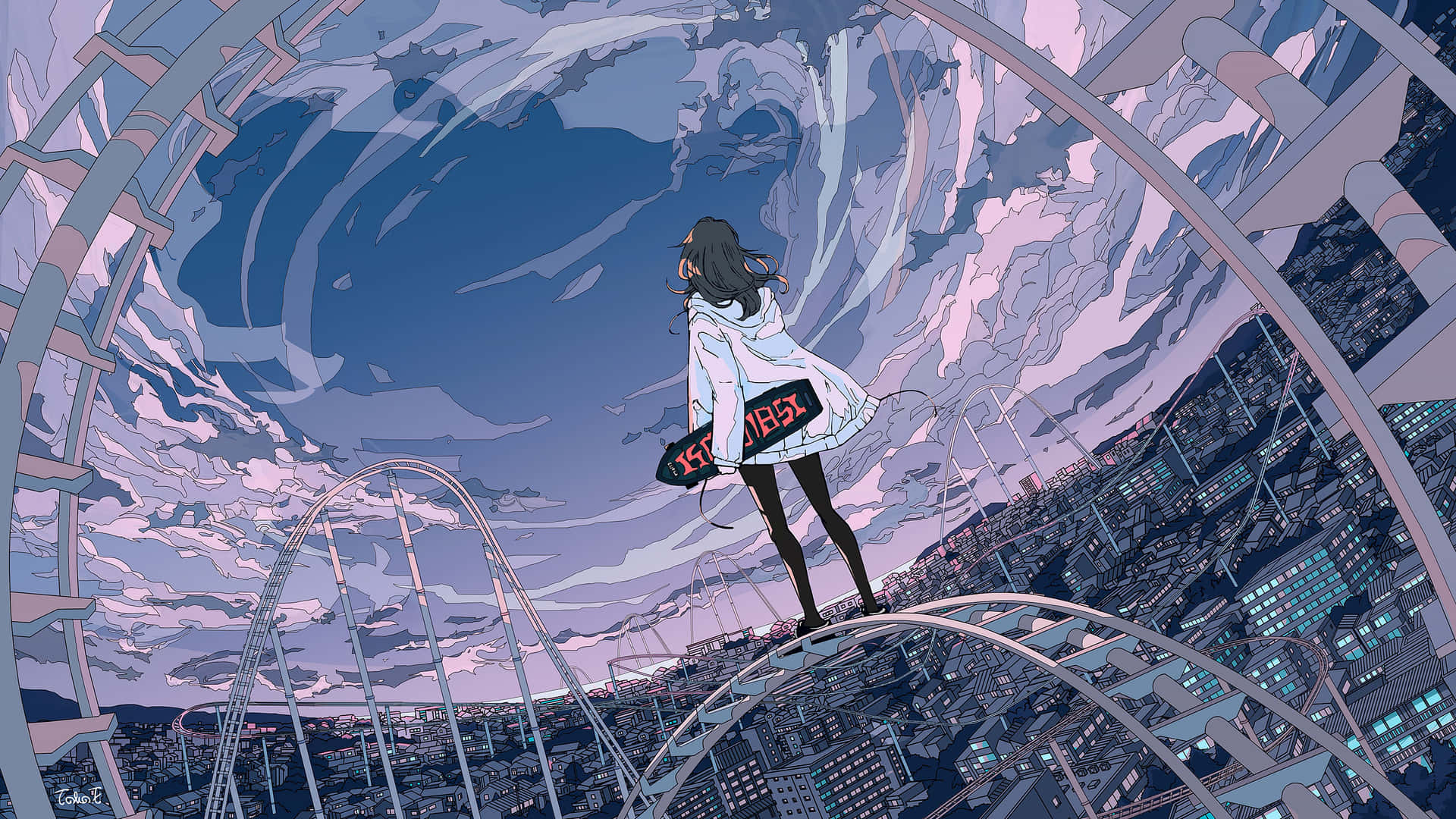 A Girl Standing On A Roller Coaster Background