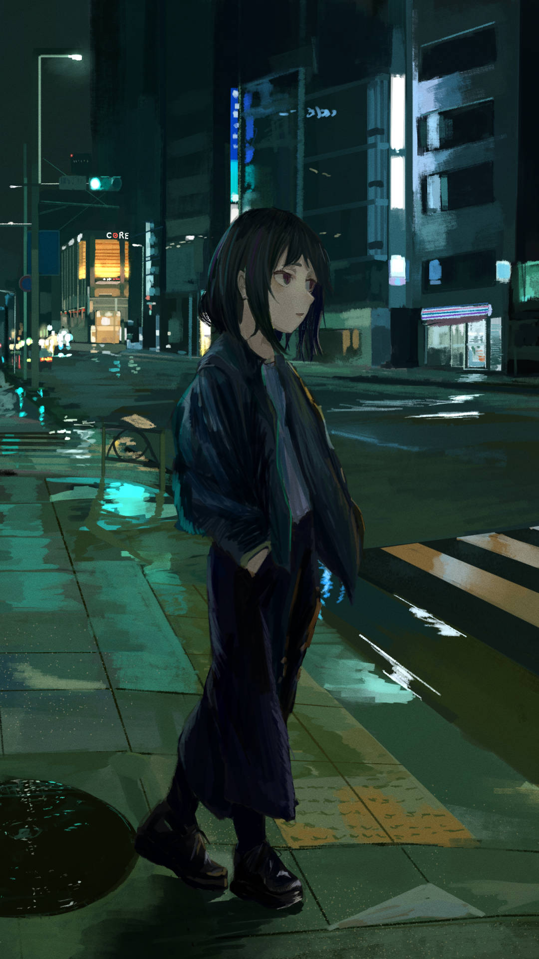 A Girl Standing On A Street At Night