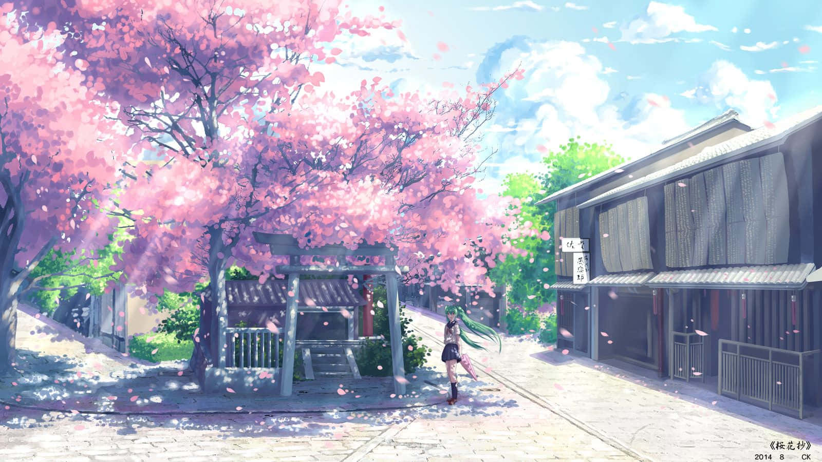 A Girl Walks Down A Street With Pink Blossoms Background