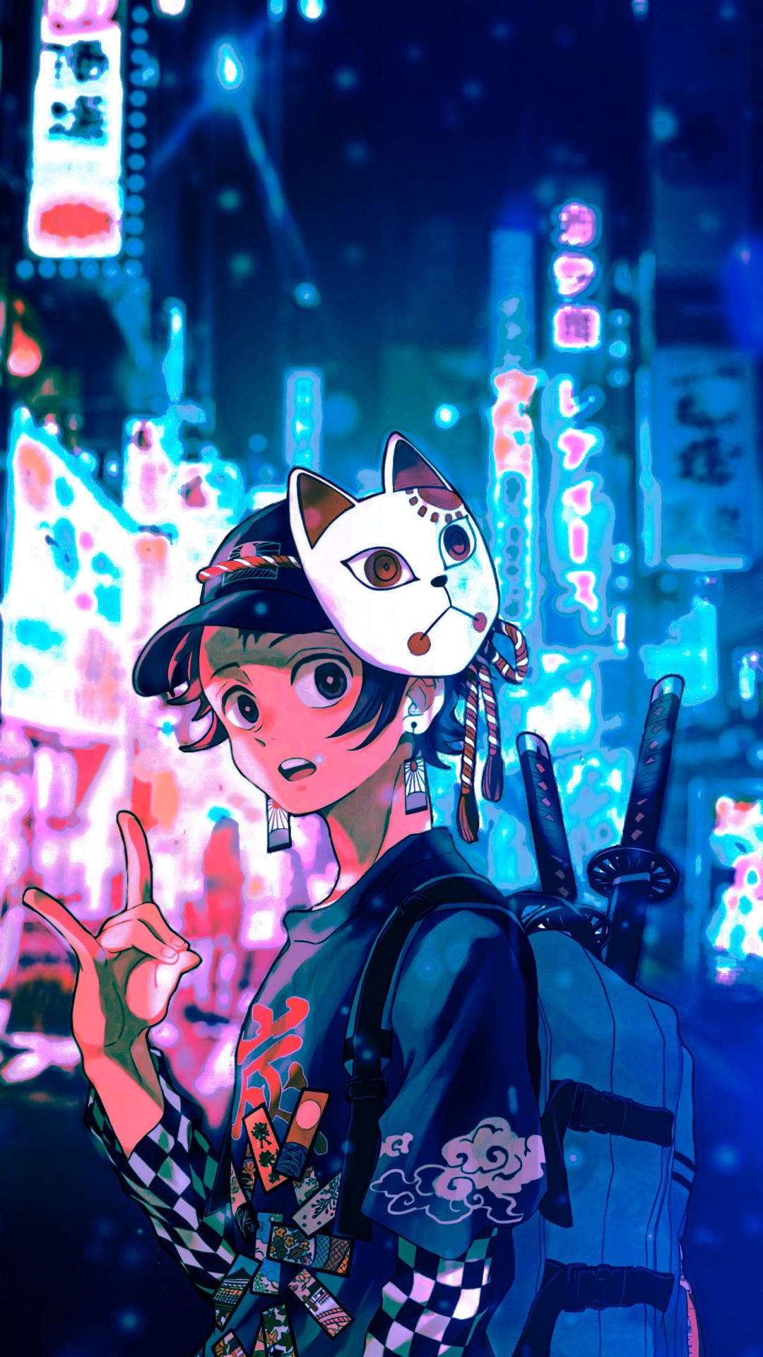 A Girl With A Backpack And A Mask In A City Background