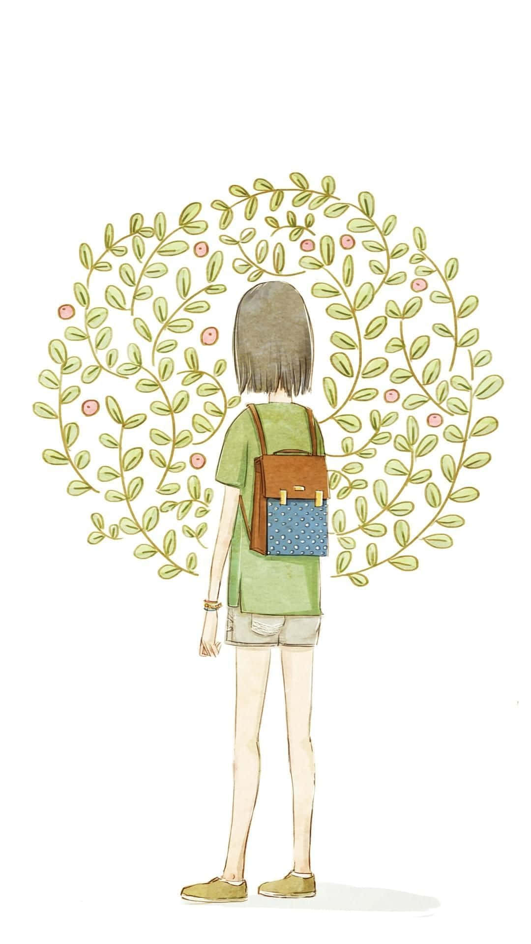 A Girl With A Backpack Standing In A Tree Background