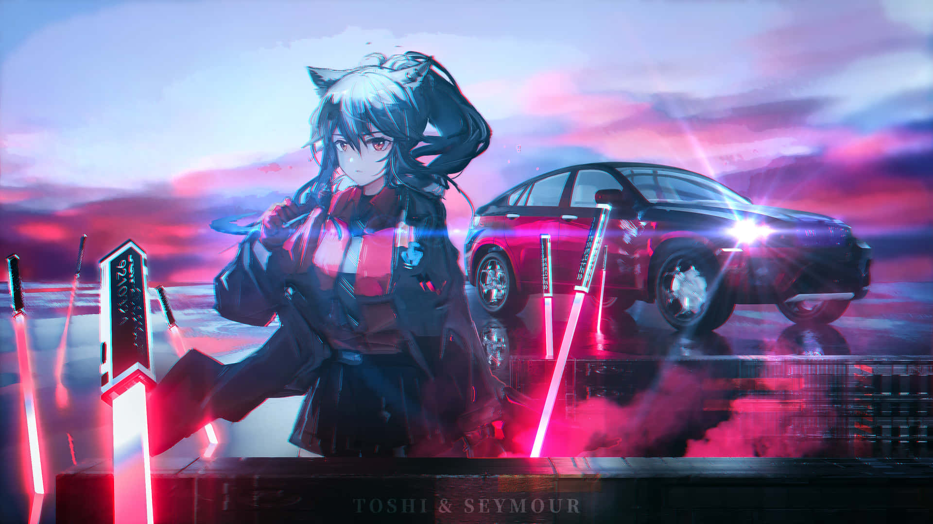 A Girl With A Car And Red Lights Background