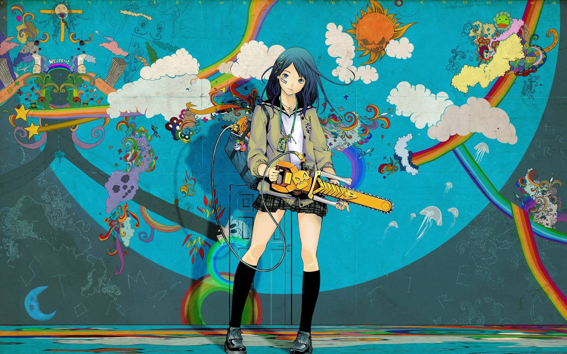 A Girl With A Chainsaw Standing In Front Of A Colorful Background