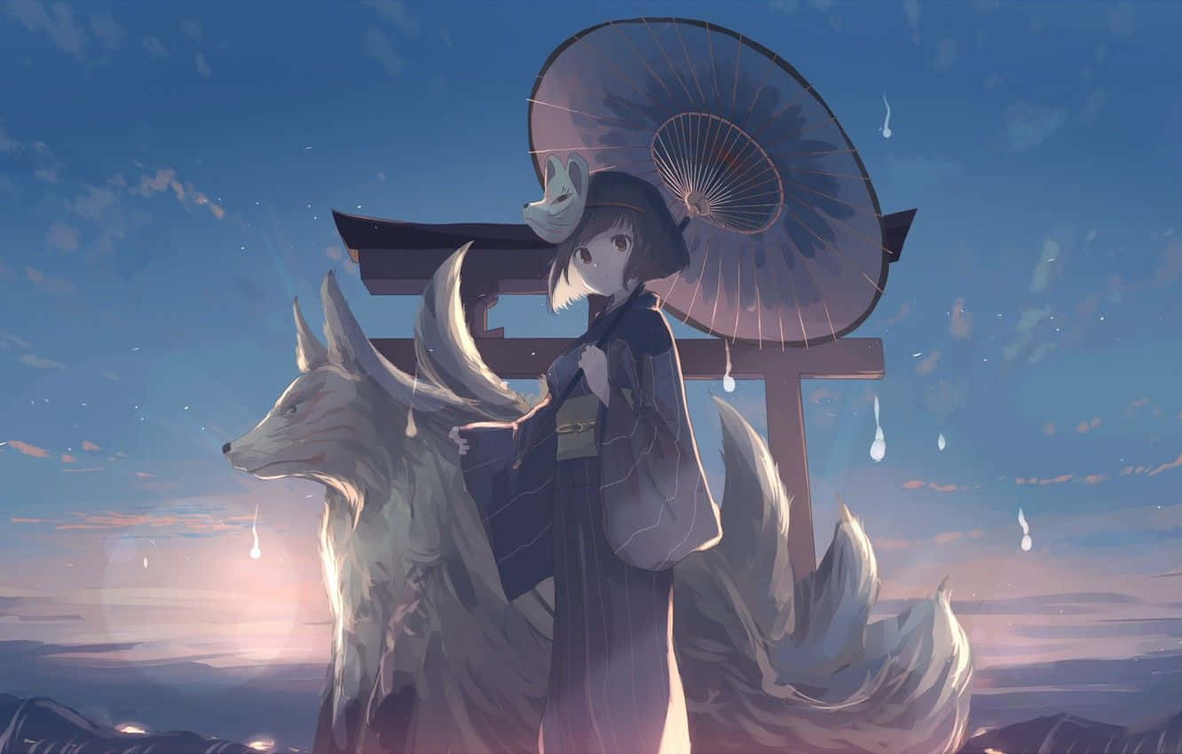 A Girl With A Fox And Umbrella Standing Next To A Waterfall Background