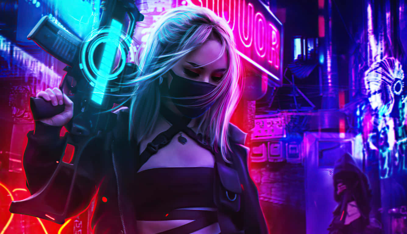 A Girl With A Gun In A Neon City Background