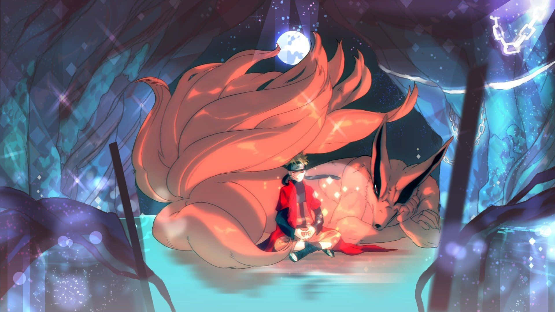 A Girl With A Long Hair And A Big Tail Is Sitting In A Cave Background