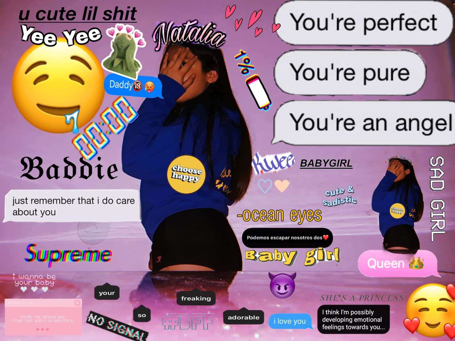 A Girl With A Smiley Face And A Text Background