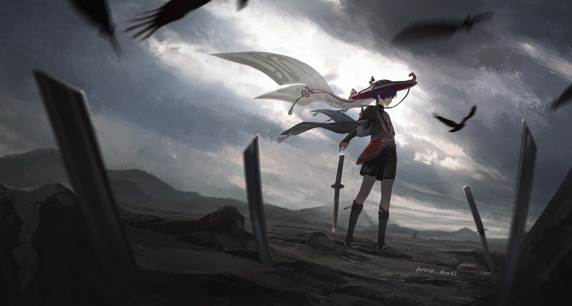 A Girl With A Sword And A Crow Standing In The Sky Background