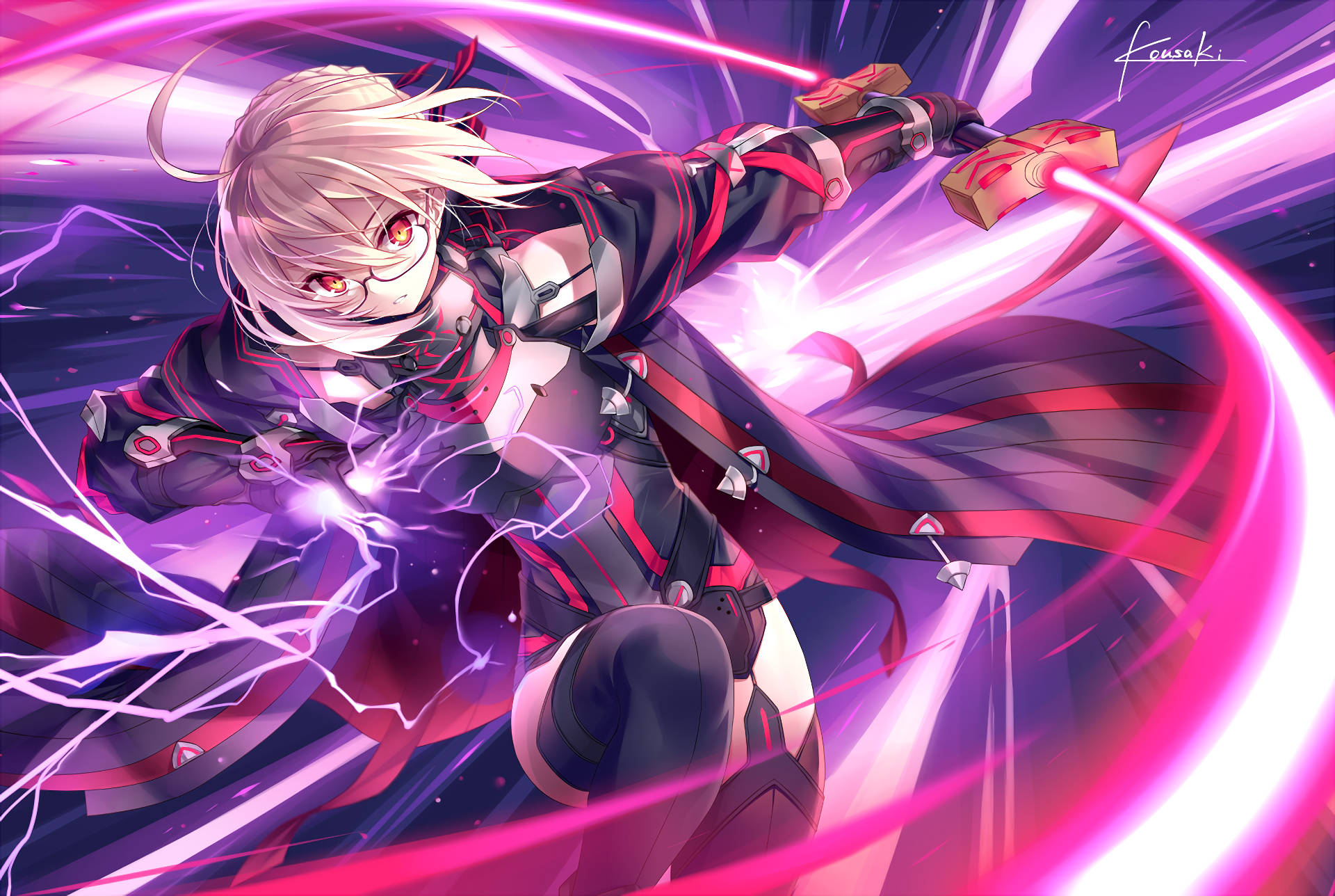 A Girl With A Sword And Lightning Background