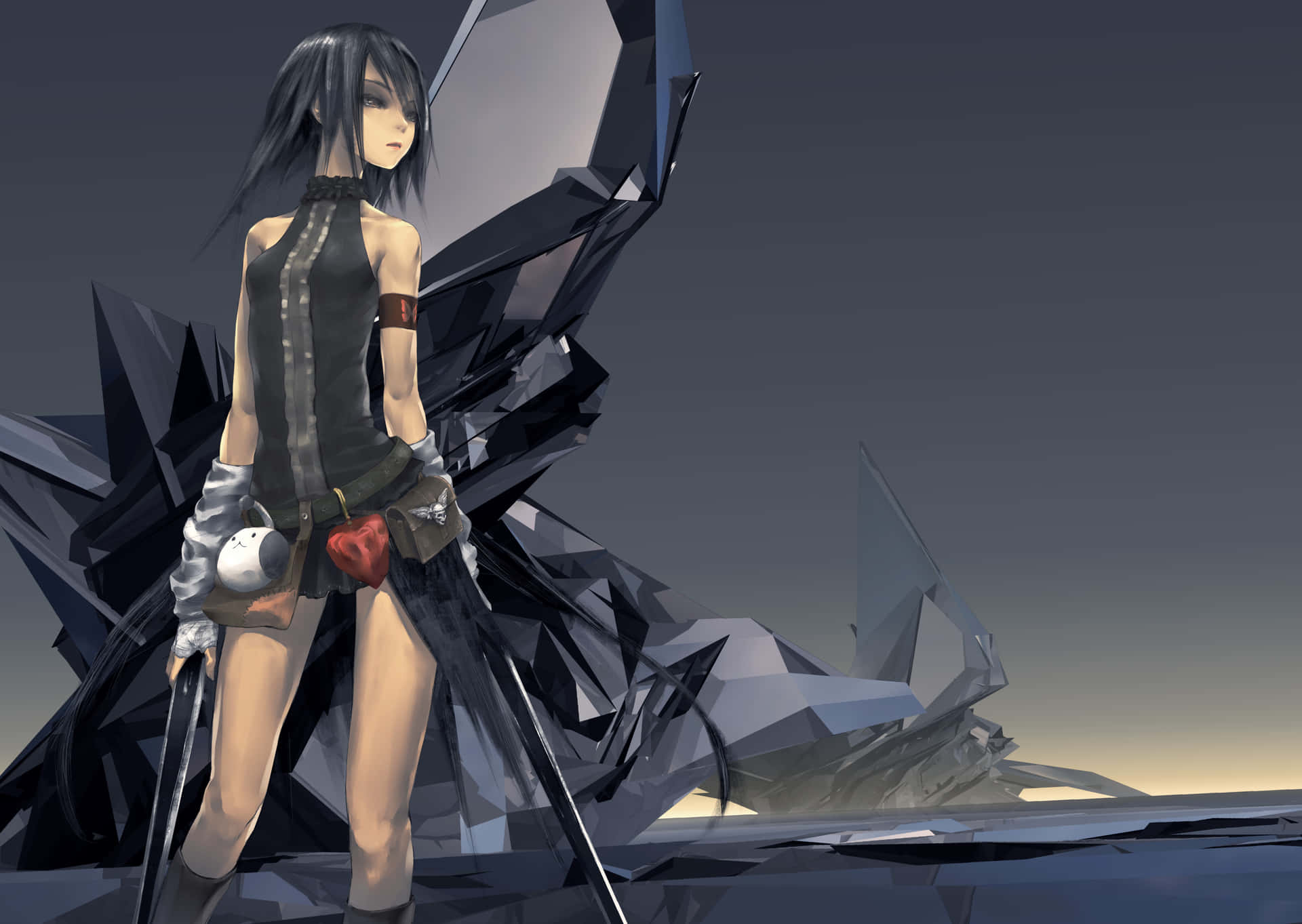 A Girl With A Sword Standing In Front Of A Rock Background
