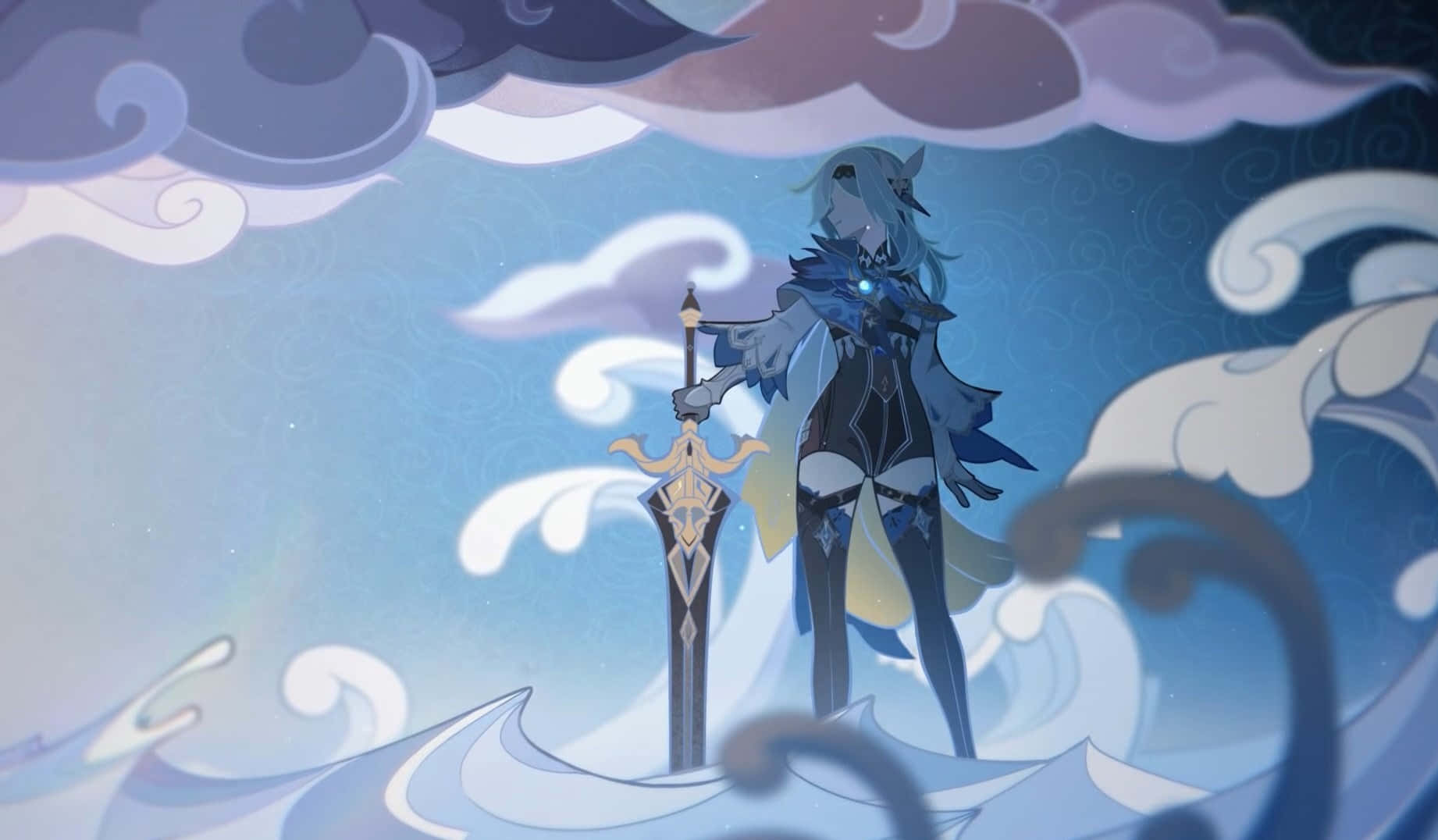 A Girl With A Sword Standing On A Cloud Background