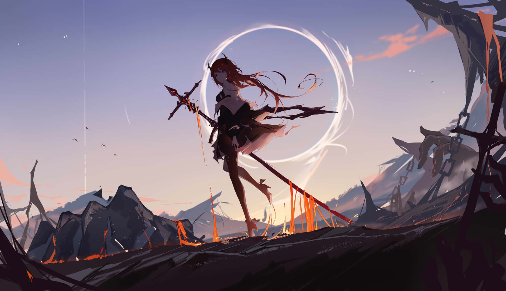 A Girl With A Sword Standing On A Hill Background