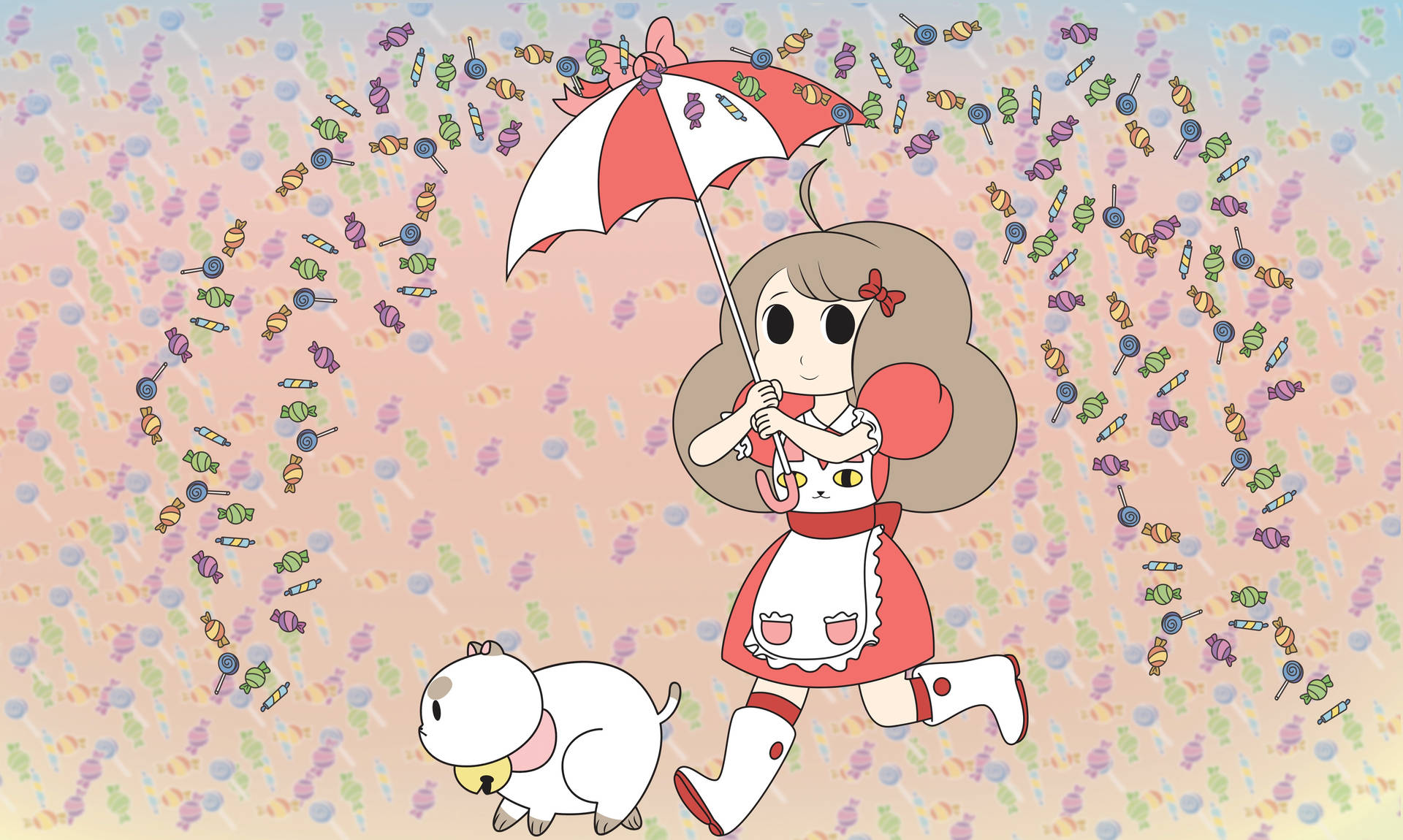 A Girl With An Umbrella And A White Dog Background