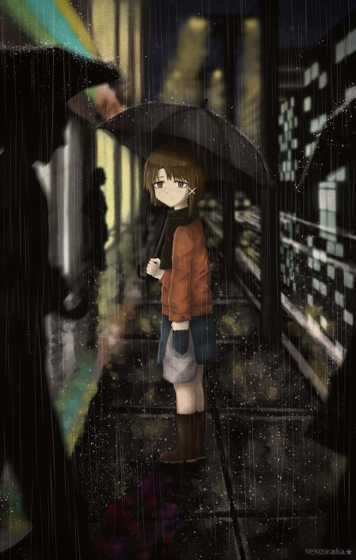 A Girl With An Umbrella Standing In The Rain Background