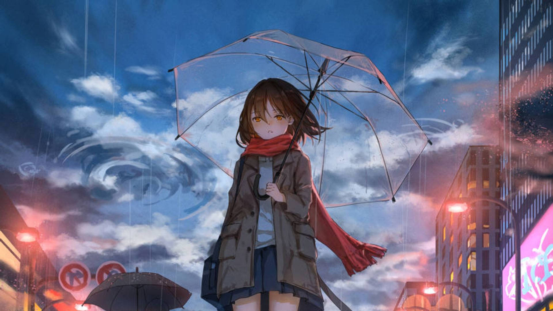 A Girl With An Umbrella Walking Down A City Street Background