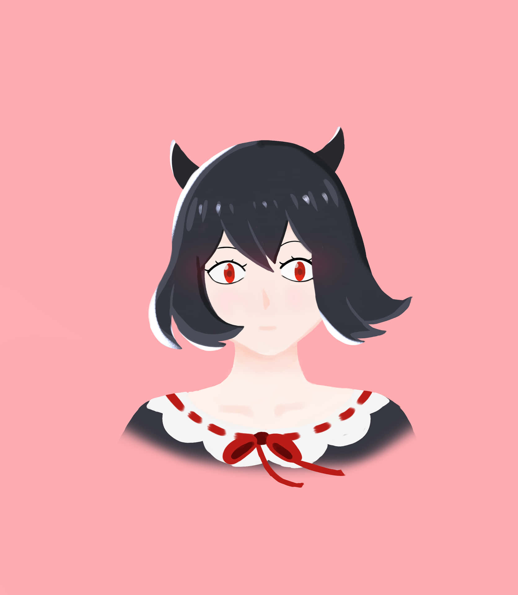 A Girl With Black Hair And Horns On A Pink Background Background