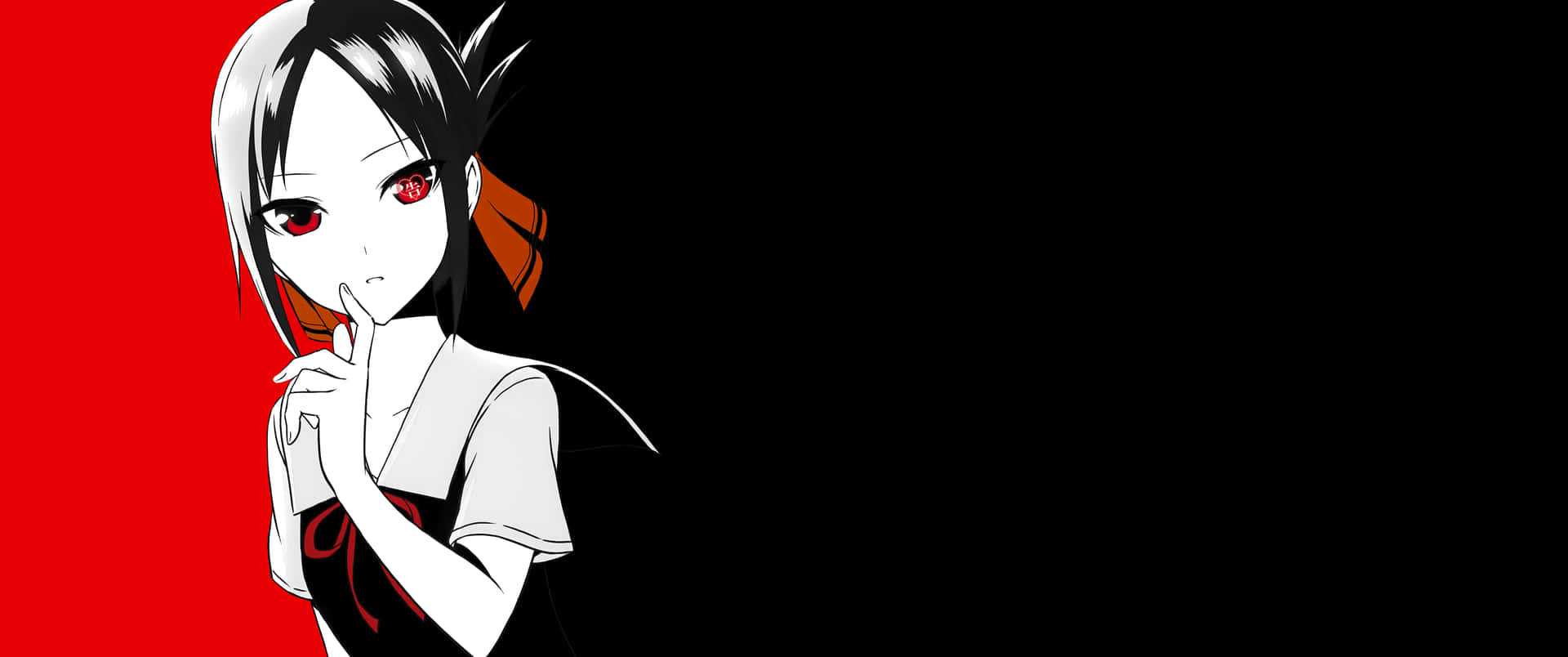 A Girl With Black Hair And Red Eyes Is Standing In Front Of A Red Background Background