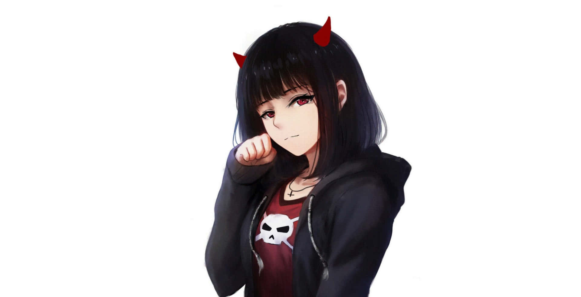 A Girl With Black Hair And Red Horns Background