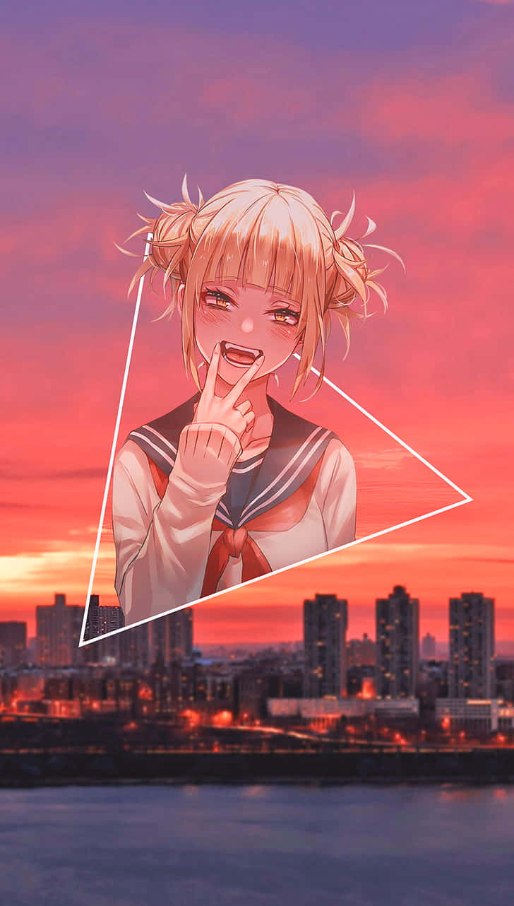 A Girl With Blond Hair Is Holding A Triangle In Front Of A City Background