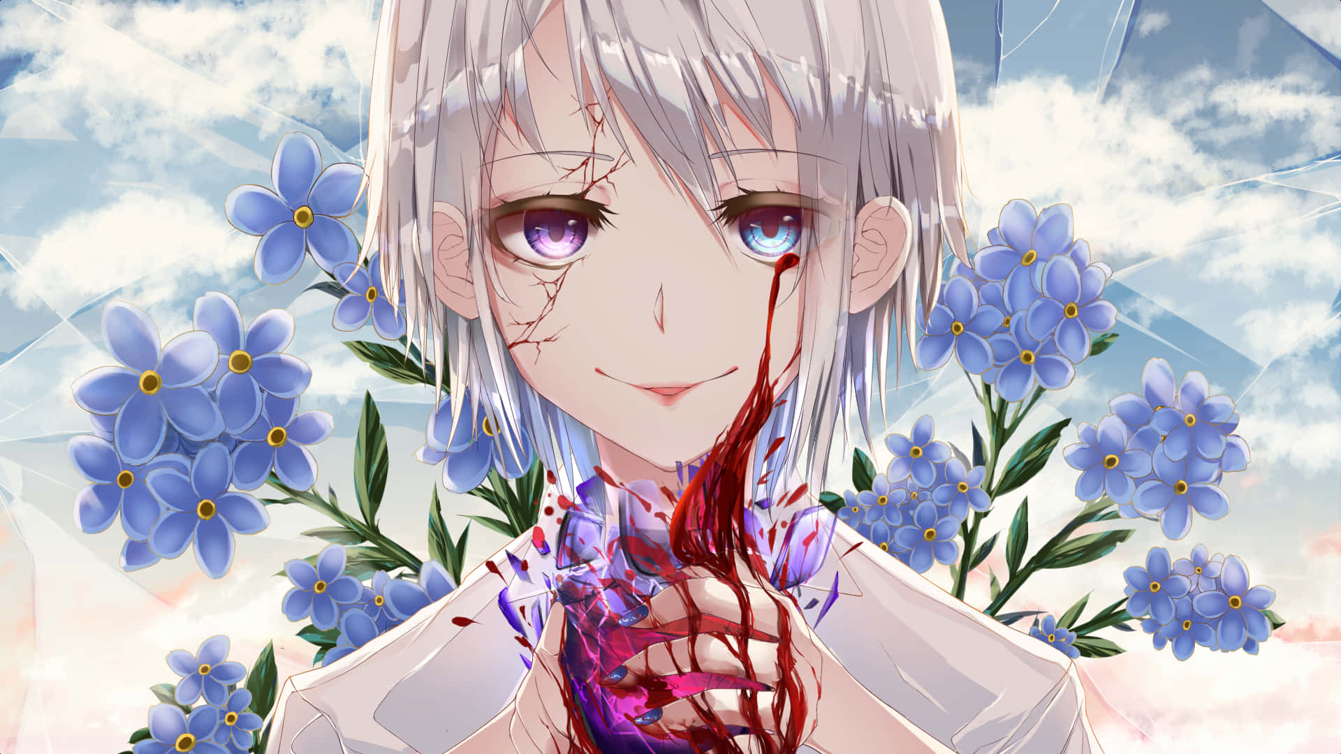 A Girl With Blood On Her Face And Flowers In The Background Background