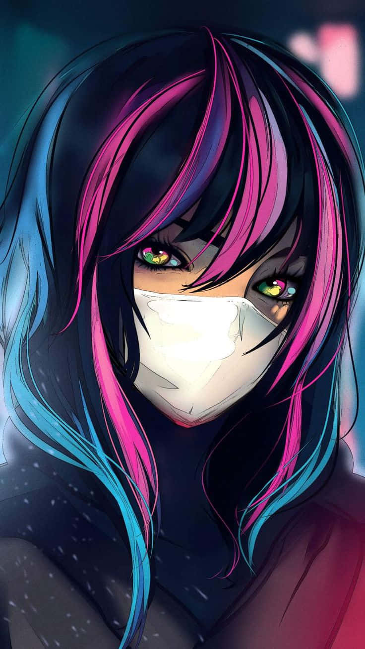 A Girl With Blue And Pink Hair Wearing A Mask