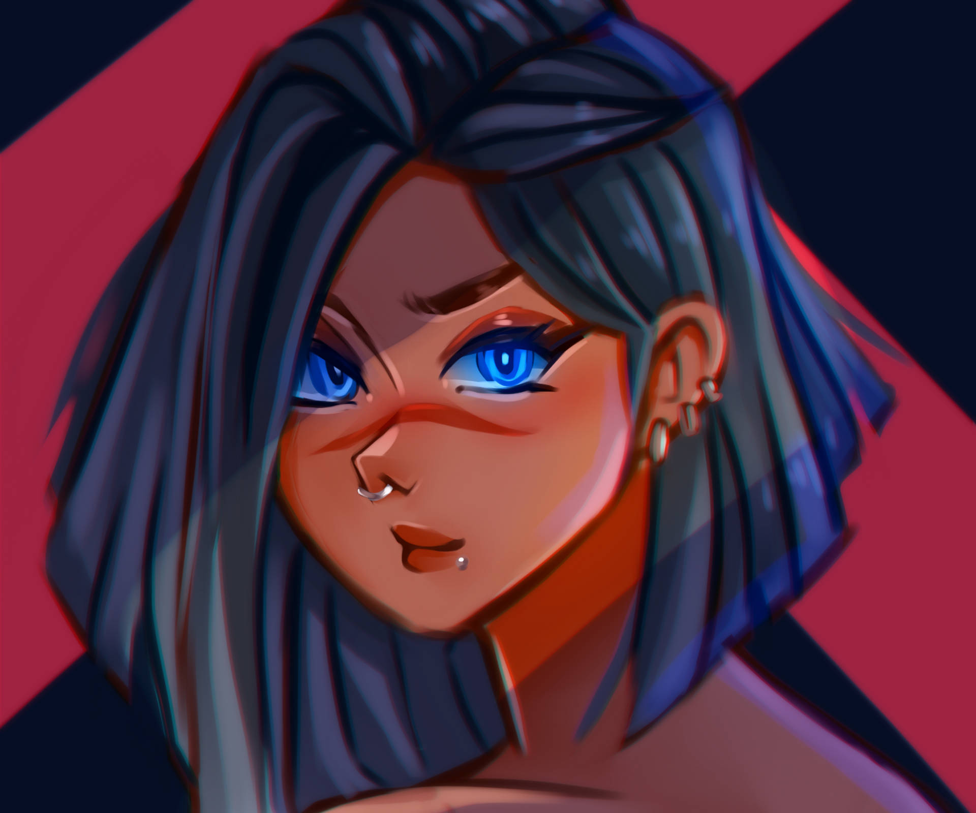 A Girl With Blue Eyes And Black Hair Background