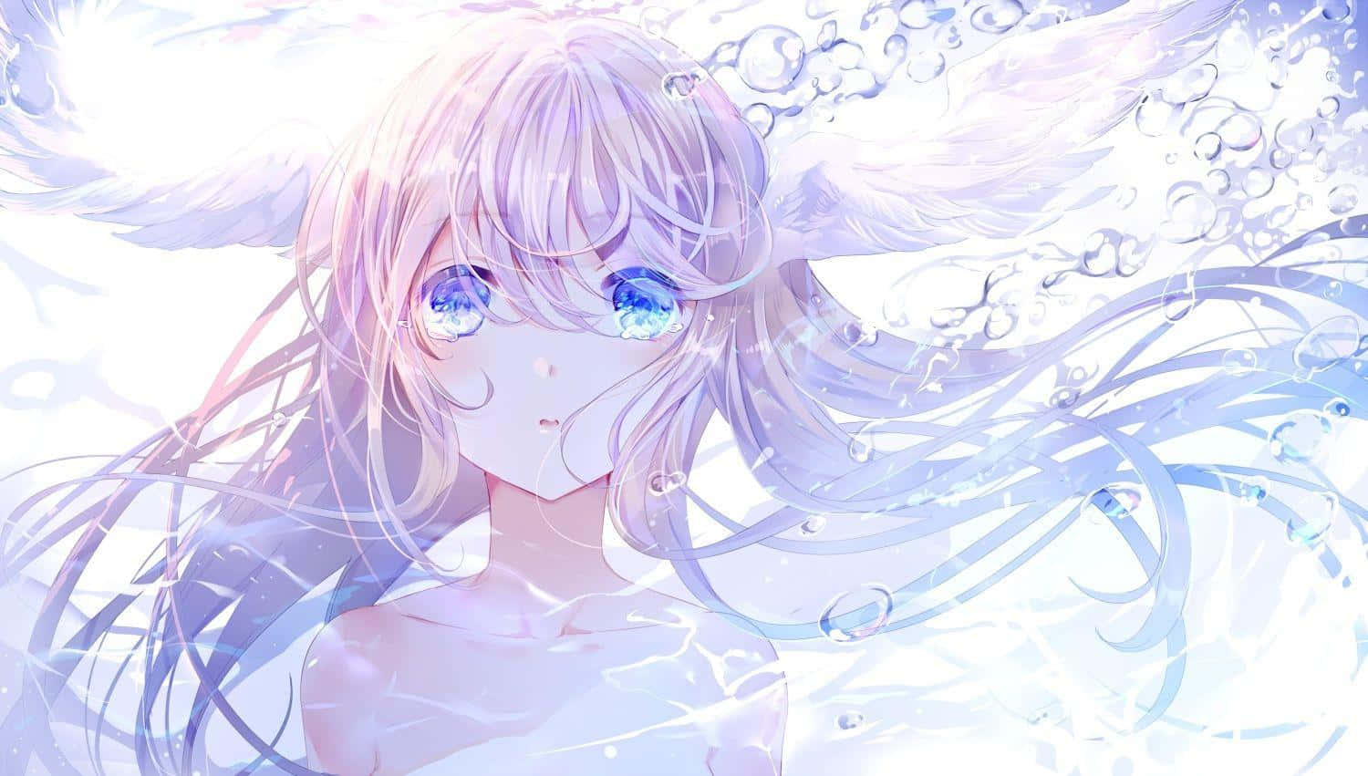 A Girl With Blue Eyes And Wings Is Floating In The Water Background