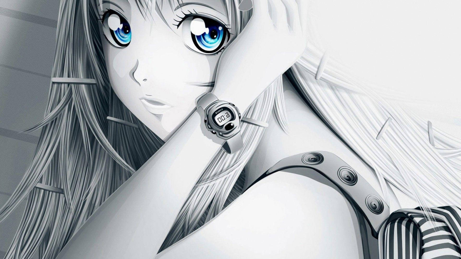 A Girl With Blue Eyes Is Holding Her Phone Background