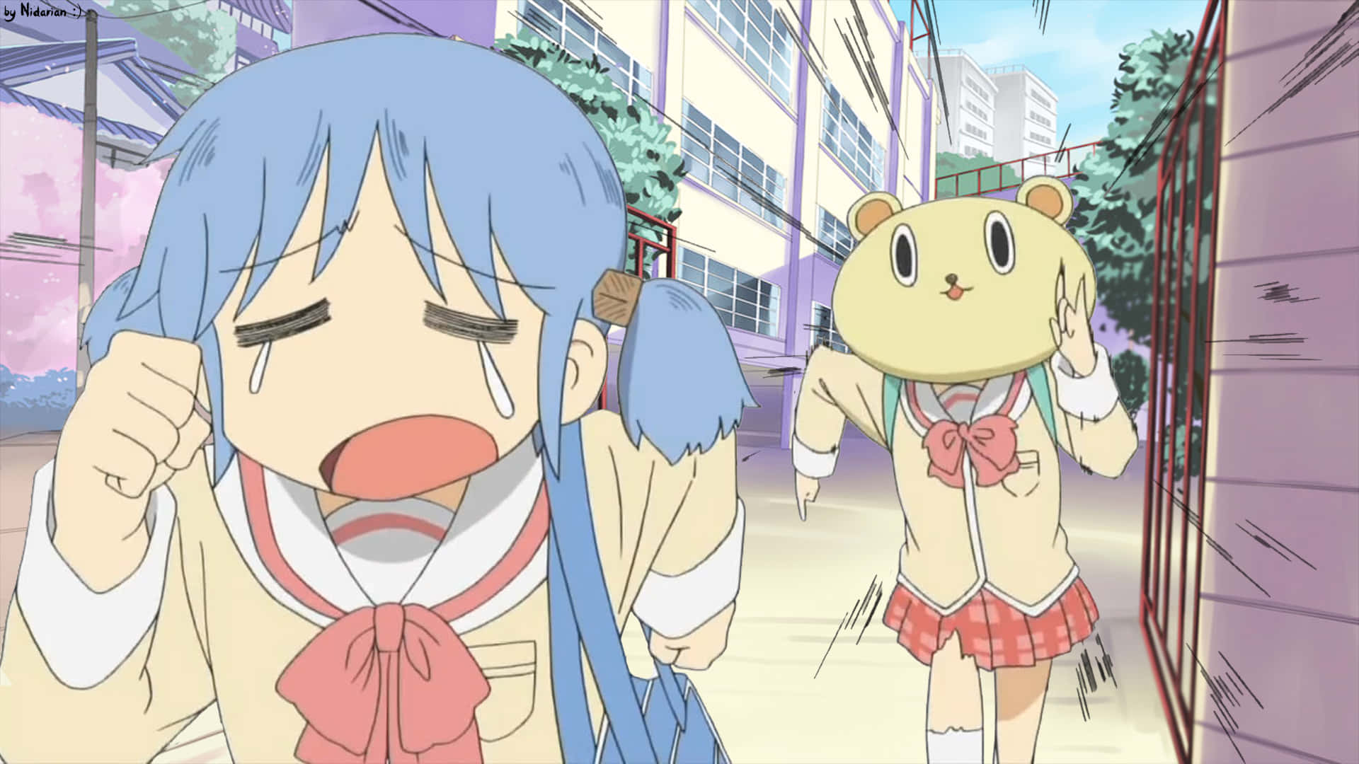 A Girl With Blue Hair And A Bear Mask Walking Down The Street Background