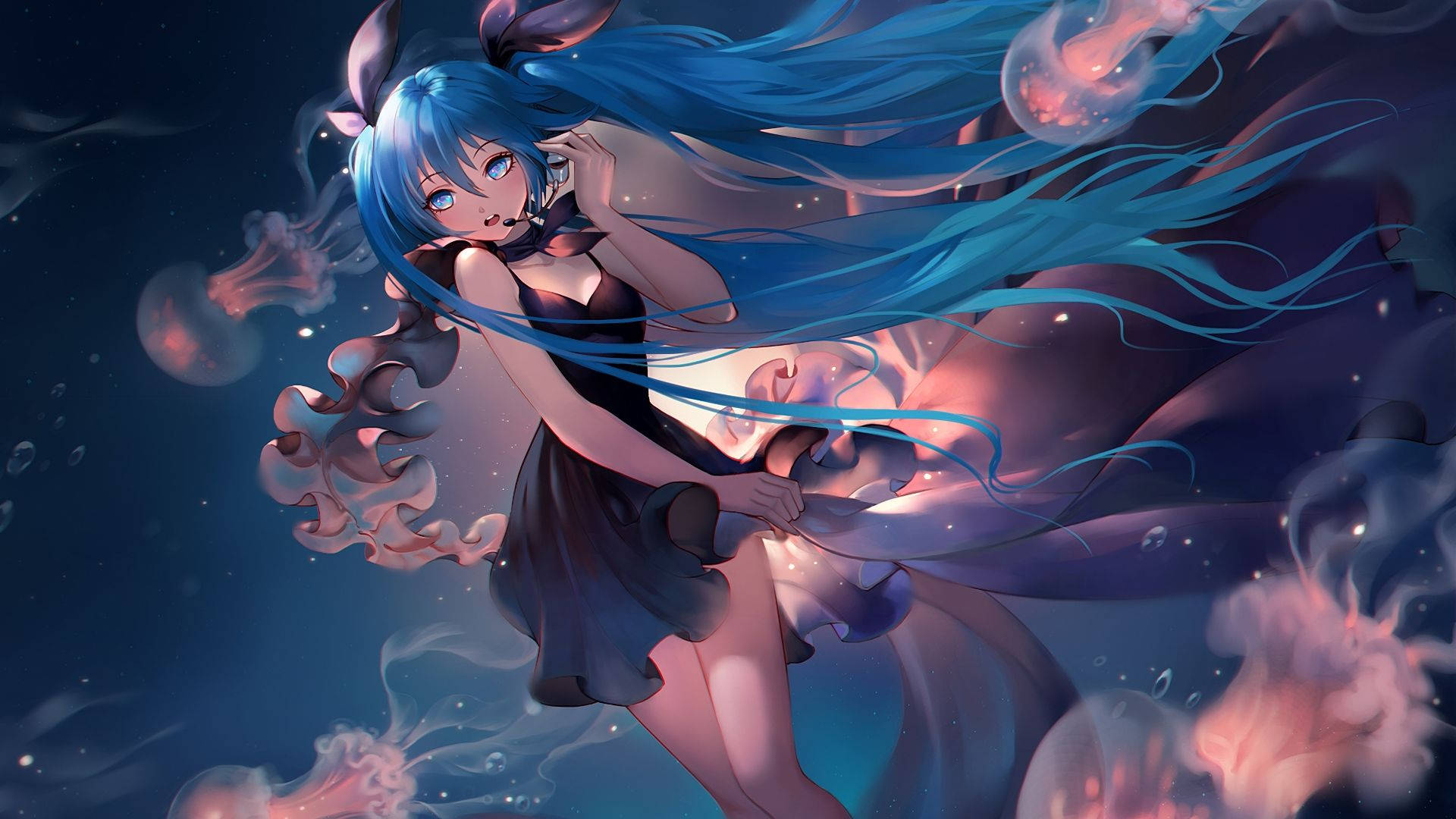 A Girl With Blue Hair And A Black Dress Background