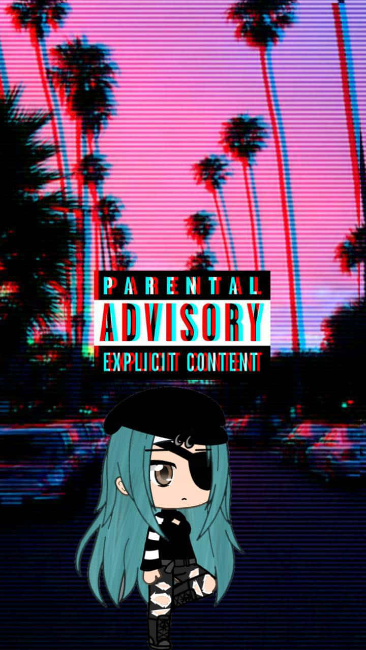 A Girl With Blue Hair And A Black Mask Is Standing In Front Of Palm Trees Background
