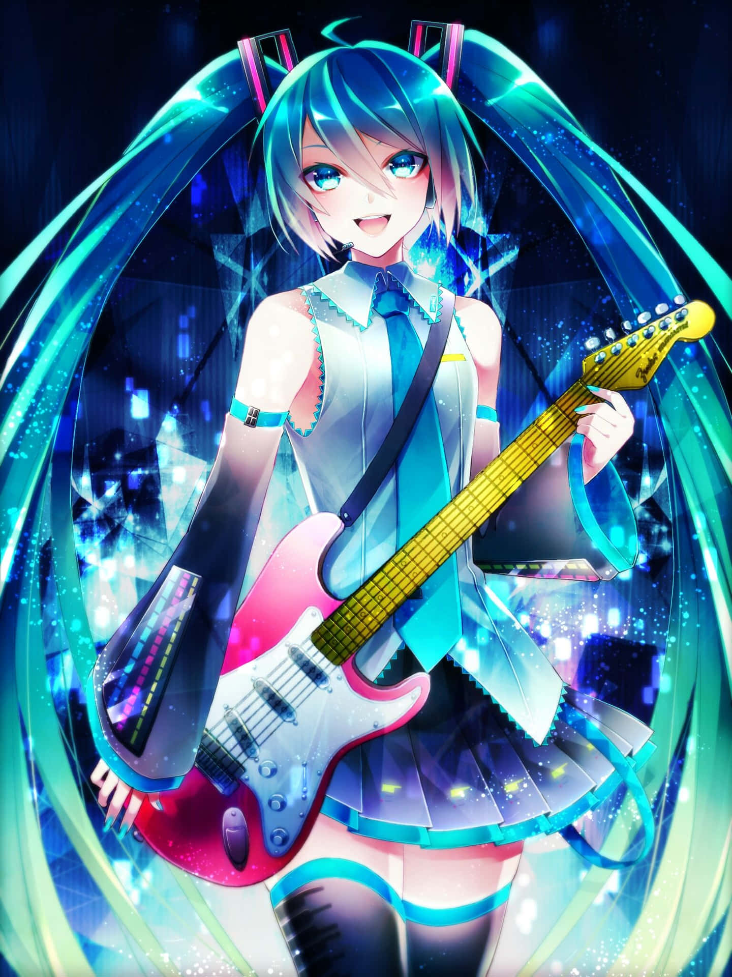 A Girl With Blue Hair And A Guitar Background